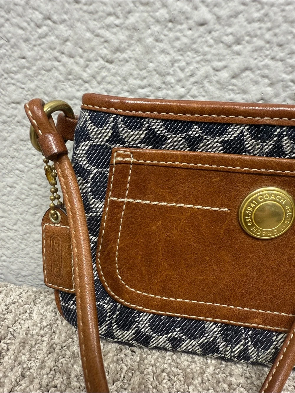 Vintage Coach Signature Blue Bleeker Tattersall and Brown Leather Wristlet